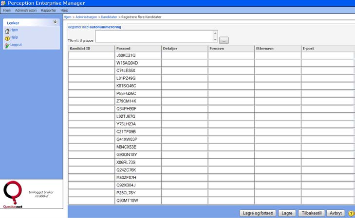 2.4 Legge inn flere kandidater Velg Administrasjon/Kandidater. Her velger du i menyen til venstre Registrere flere kandidater. Du får da opp dette vinduet: Kandidat ID og passord må fylles inn her.