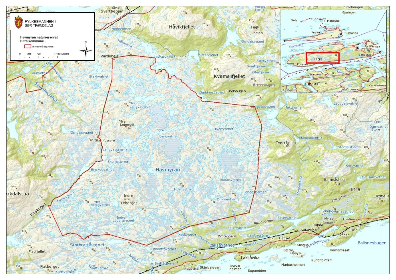 Figur 1: Kart over Havmyran naturreservat med Grytelva naturreservat i nordvest (vernegrense markert i rødt). Fylkesmannen i Sør-Trøndelag.