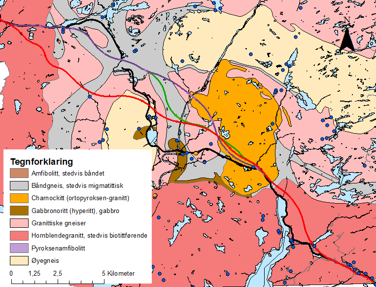 Kommunedelplan E39 Vigeland-Lyngdal vest. Fagrapport ingeniørgeologi 19 Figur 5 Berggrunnsgeologisk kart av planområdet framstilt fra digitalt datasett NGU Berggrunn N250.