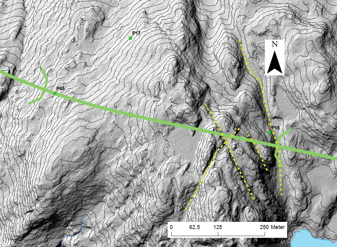 Kommunedelplan E39 Vigeland-Lyngdal vest. Fagrapport ingeniørgeologi 38 P45 Figur 23 Relieffkart av området ved Nunsvatunnelen. Kryssende lineament er markert med gul linje.