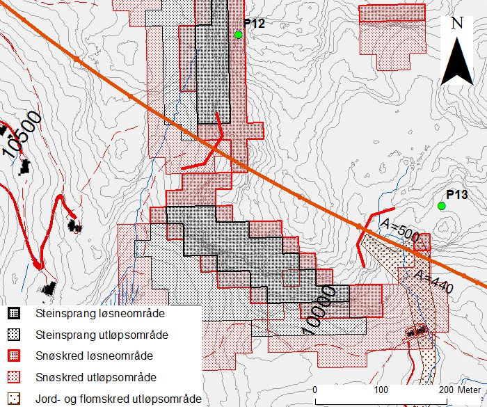 Kommunedelplan E39 Vigeland-Lyngdal vest. Fagrapport ingeniørgeologi 46 Figur 31Trasé for Fårefjelltunnelen med aktsomhetssoner for snøskred, steinsprang og jord- og flomskred.