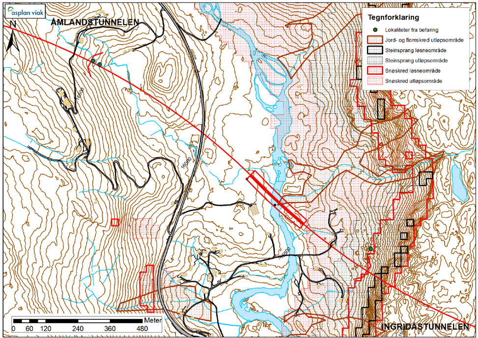 Kommunedelplan E39 Vigeland-Lyngdal vest. Fagrapport ingeniørgeologi 54 Figur 39 Dagstrekning Ingridåstunnelen- Åmlandstunnelen. 4.2.9 Åmlandstunnelen: Profil 16 520 19 040 Påhogget i øst (Fig.