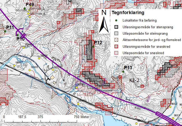 Kommunedelplan E39 Vigeland-Lyngdal vest. Fagrapport ingeniørgeologi 63 Fig.49 Vestlig del av dagstrekning Lene- Rossåsen tunnel krysser nær løsneområder for snøskred og steinsprang. 4.3.3 Rossåsen tunnel: Profil 11 050 12 750 Påhogget ved Herdal ligger i en skogkledd åsside og er ifølge kvartærgeologisk kart plassert i overgangen mellom tynn og tykk morene.