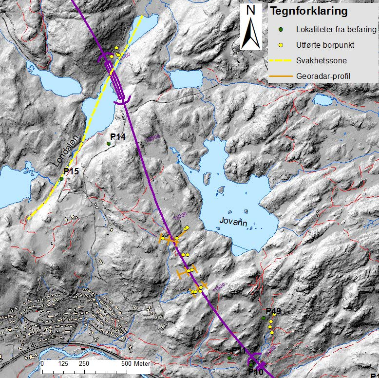 Kommunedelplan E39 Vigeland-Lyngdal vest. Fagrapport ingeniørgeologi 64 Figur 50 Relieffkart som viser traséen for Rossåsen tunnel, lilla korridor.