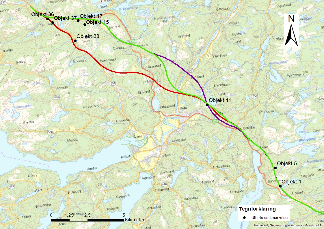 VEDLEGG 2: E39 Vigeland-Lyngdal vest: Fagrapport ingeniørgeologi Oversikt som viser lokaliteter for geofysiske målinger Objektene 15, 17 og 38 er ikke referert til i teksten ettersom de