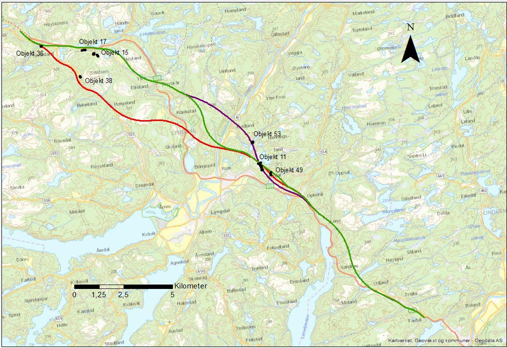 VEDLEGG 3: E39 Vigeland-Lyngdal vest: Fagrapport ingeniørgeologi Oversikt som viser lokaliteter for grunnboringer Objektene 15, 17, 38 og 53 er boret i forbindelse med