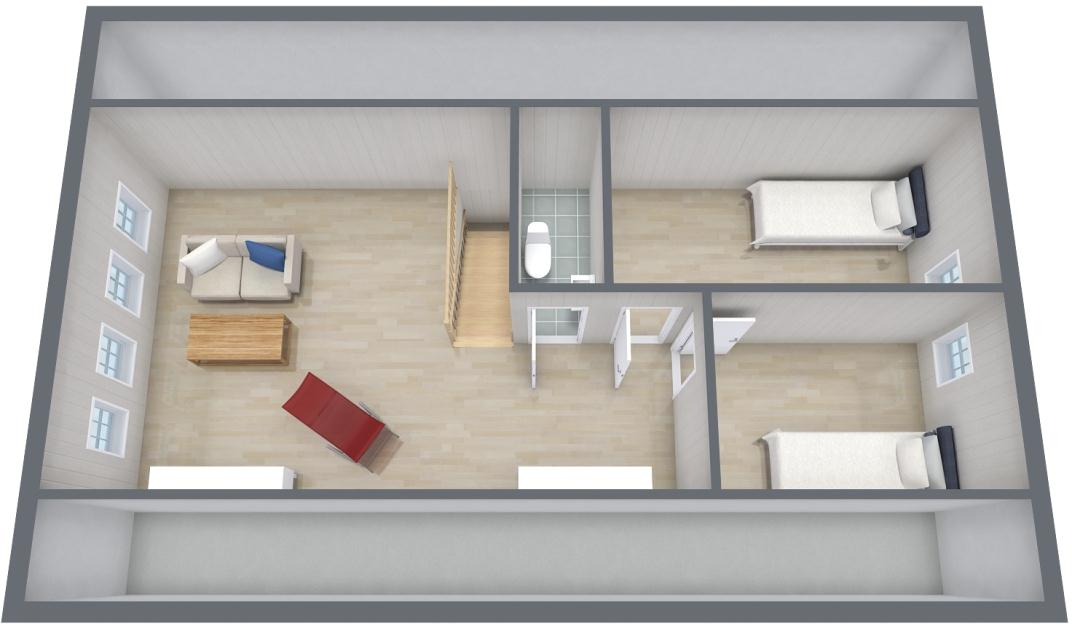 3D PLAN HEMS 2. Planløsninger for hems; 1. Standard med loftstue og to soverom, åpent ned over stue/kjøkken. Det gir ca 21 kvm gulvflate på hems som ikke inngår i BRA. 2. Alternativ med full hems (med og uten WC).