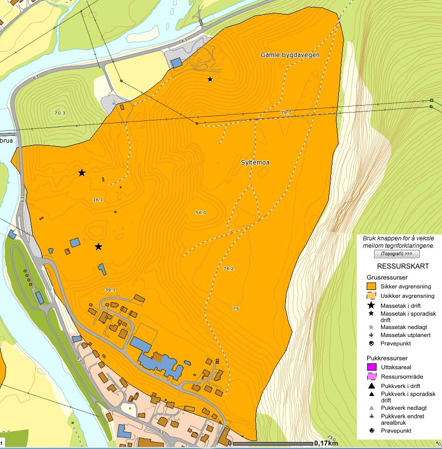 7.3 Utredninger 7.3.1 Forekomstbeskrivelse Norges geologiske undersøkelser (NGU) sin avgrensning av forekomsten fremgår av følgende figur. «Avsetningen er homogen og godt sortert.