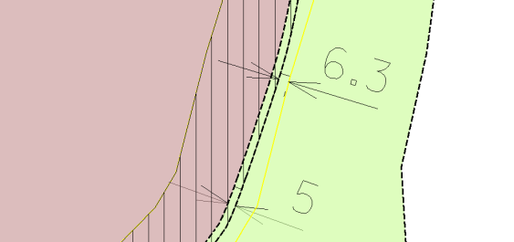 I henhold til planen er minste avstand fra grensen for råstoffutvinning til senter av Olavsvegen 11.3 m som vist i følgende figur.