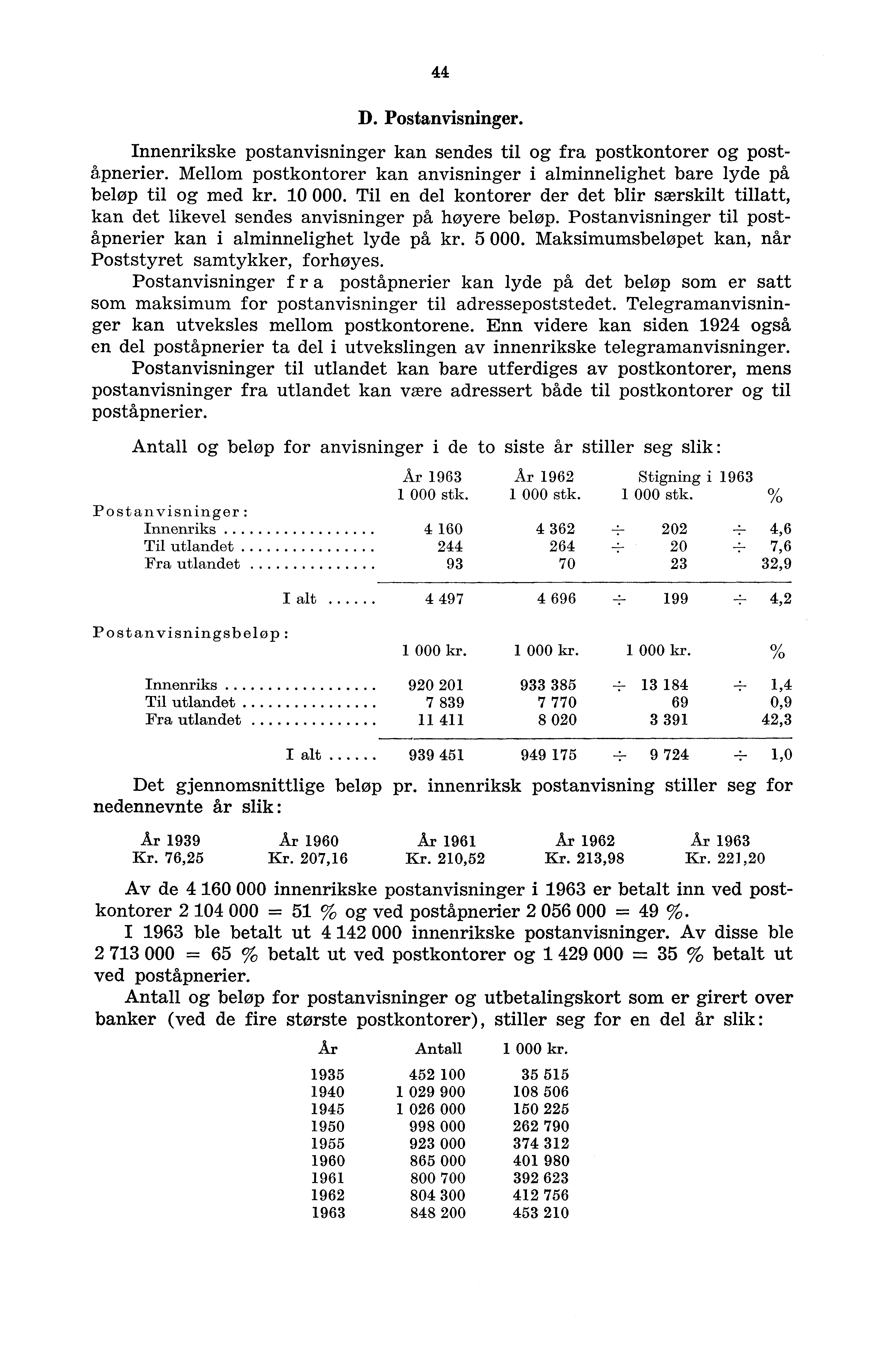 44 D. Postanvisninger. Innenrikske postanvisninger kan sendes til og fra postkontorer og postå.pnerier. Mellom postkontorer kan anvisninger i alminnelighet bare lyde på beløp til og med kr. 0 000.