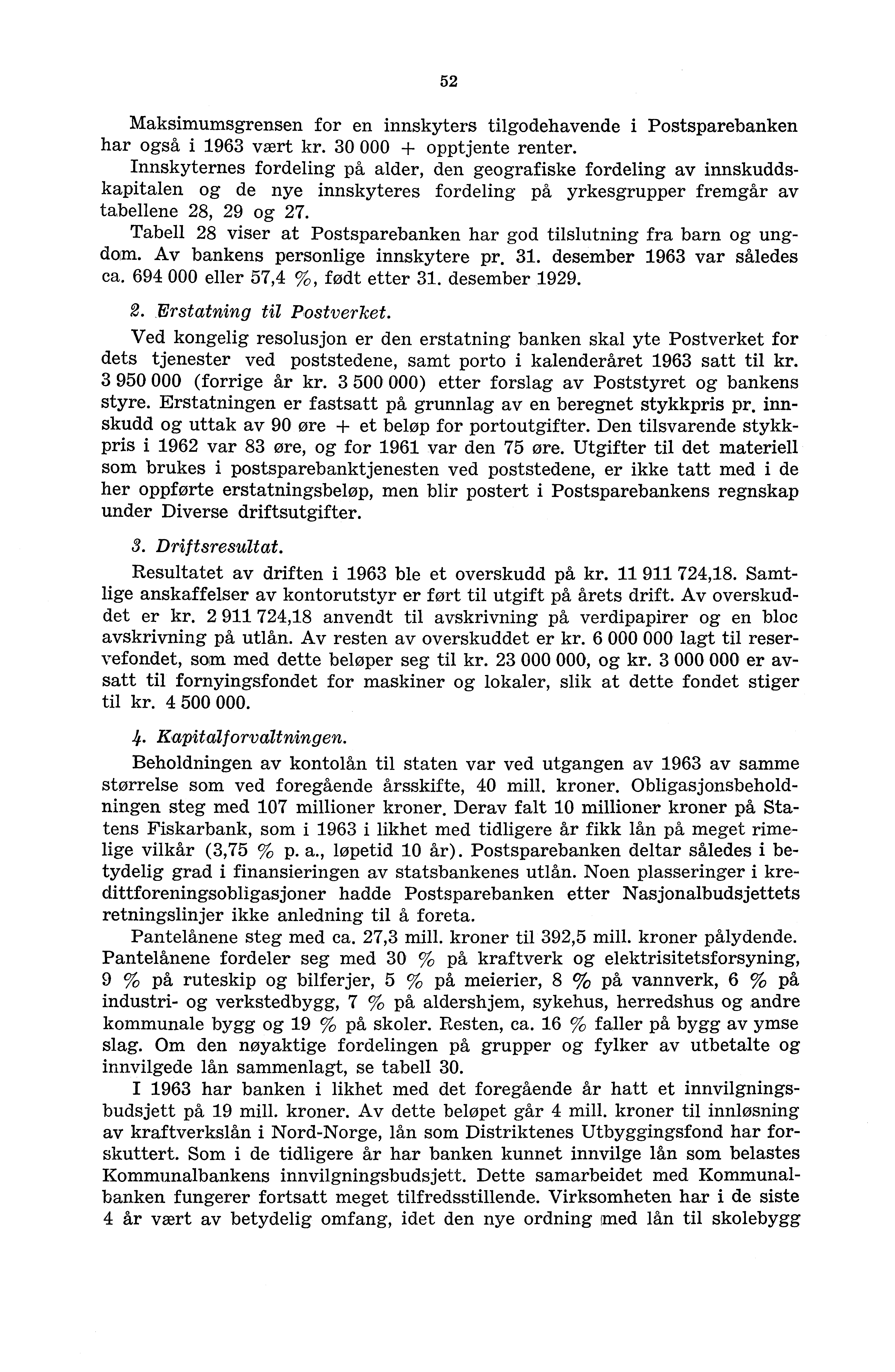 52 Maksimumsgrensen for en innskyters tilgodehavende i Postsparebanken har også i 963 vært kr. 30 000 + opptjente renter.