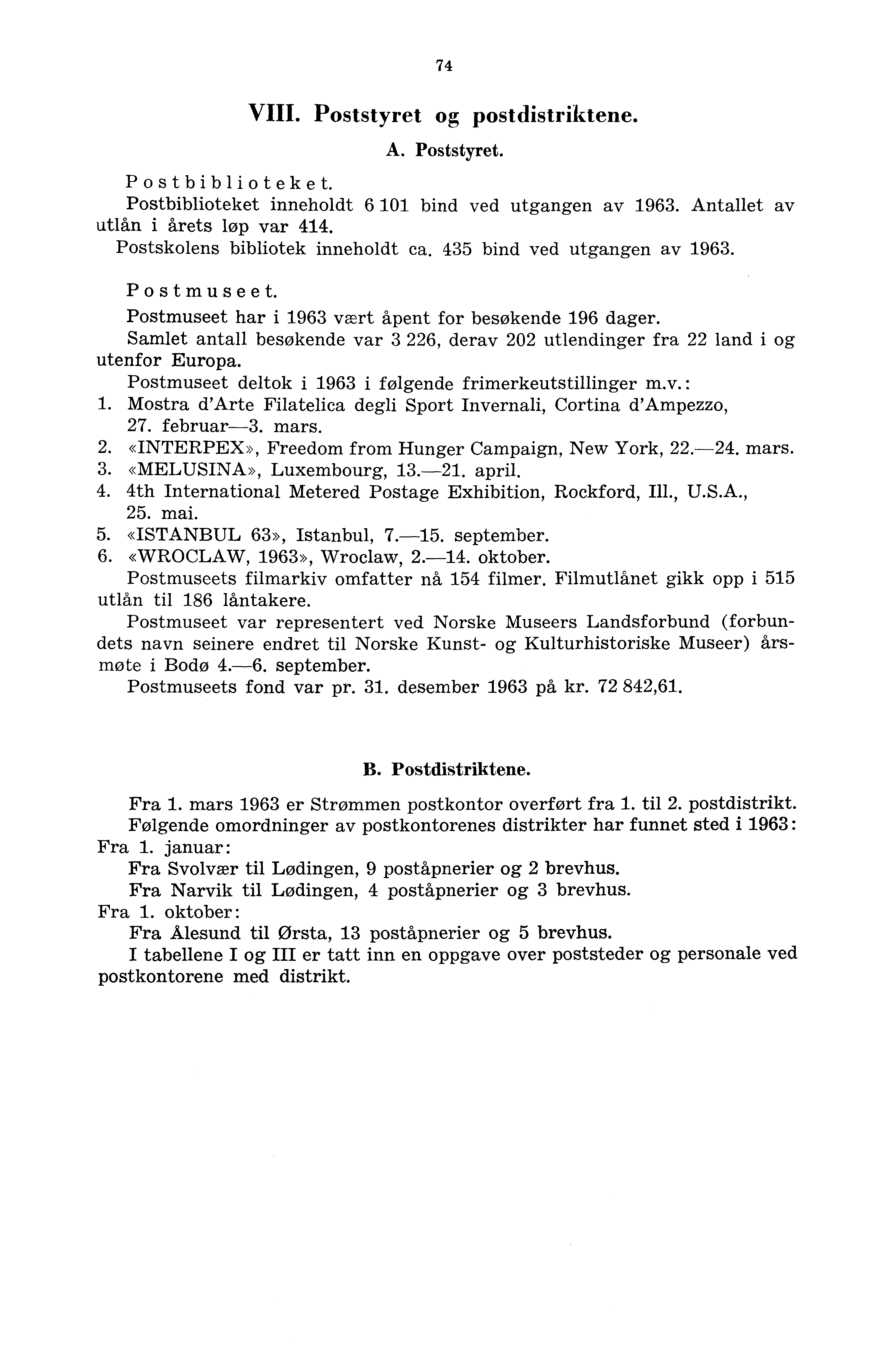 74 VIII. Poststyret og postdistriktene. A. Poststyret. Postbiblioteket. Postbiblioteket inneholdt 6 0 bind ved utgangen av 963. Antallet av utlån i årets løp var 44.