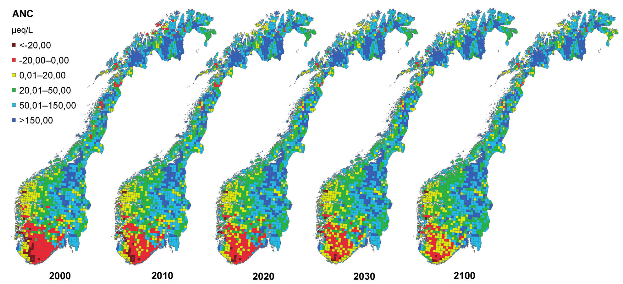 Plan for kalking av vassdrag i Noreg 216 221 M-488 216 Figur 2. Utrekna overskridingar av tolegrensene for forsuring av overflatevatn i ulike tidsperiodar.