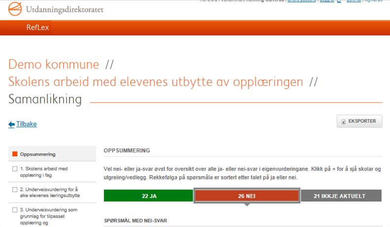 4.4.2 Oppsummering av samanlikningane 1. Korleis du kjem til oppsummering av samanlikningane. 2. Korleis du får oversikt over samla tal på ja og nei svar for heile temaet. 3.