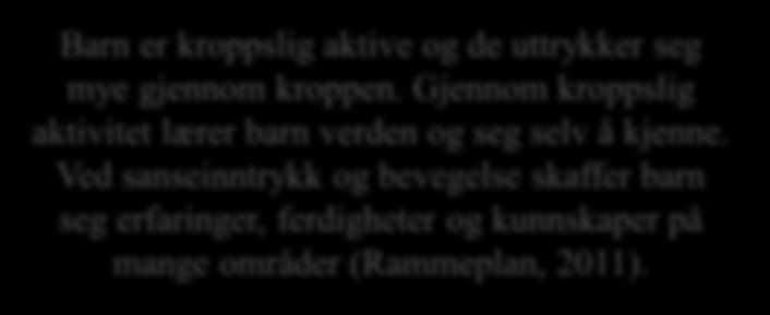 Barn er kroppslig aktive og de uttrykker seg mye gjennom kroppen. Gjennom kroppslig aktivitet lærer barn verden og seg selv å kjenne.