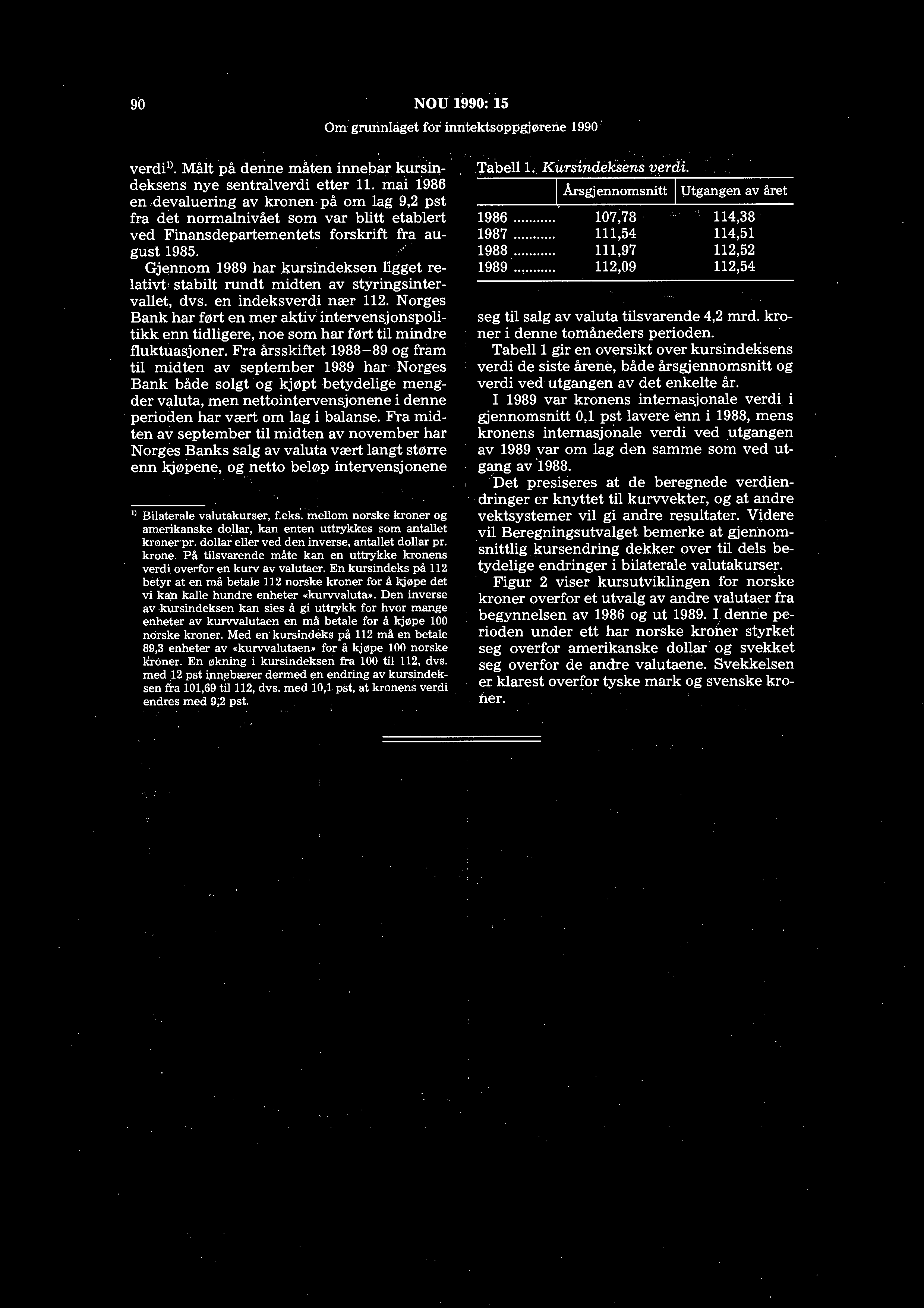 90 NOU1990: 15 Om grunnlaget for inntektsoppgjørene 1990 verdil). Målt på denne måten innepp.r kursi~deksens nye sentralverdi etter 11. mai 1986 en.