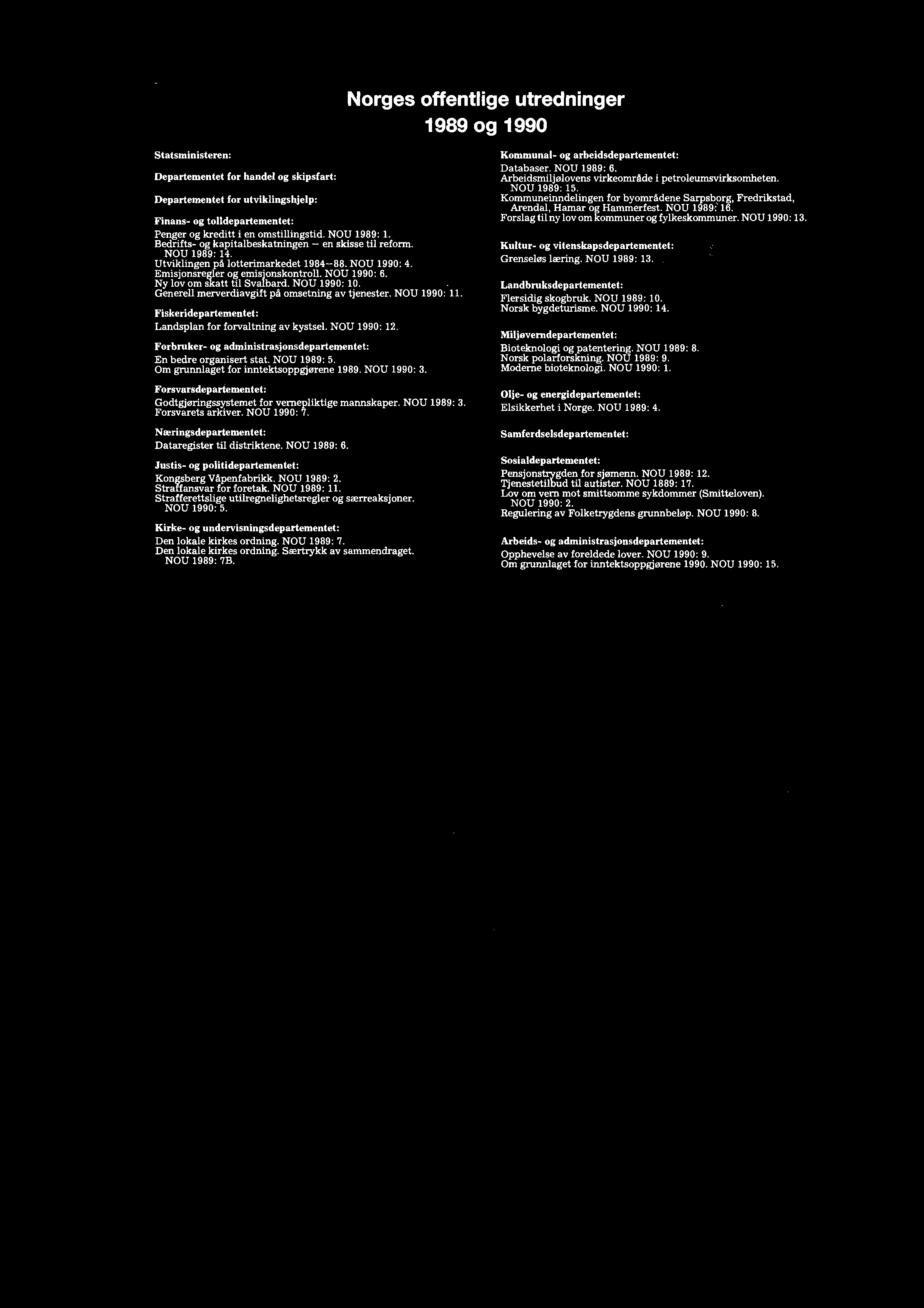 Norges offentlige utredninger 1989 og 1990 Statsministeren: Departementet for handel og skipsfart: Departementet for utviklingshjelp: Finans- og tolldepartementet: Penger og kreditt i en