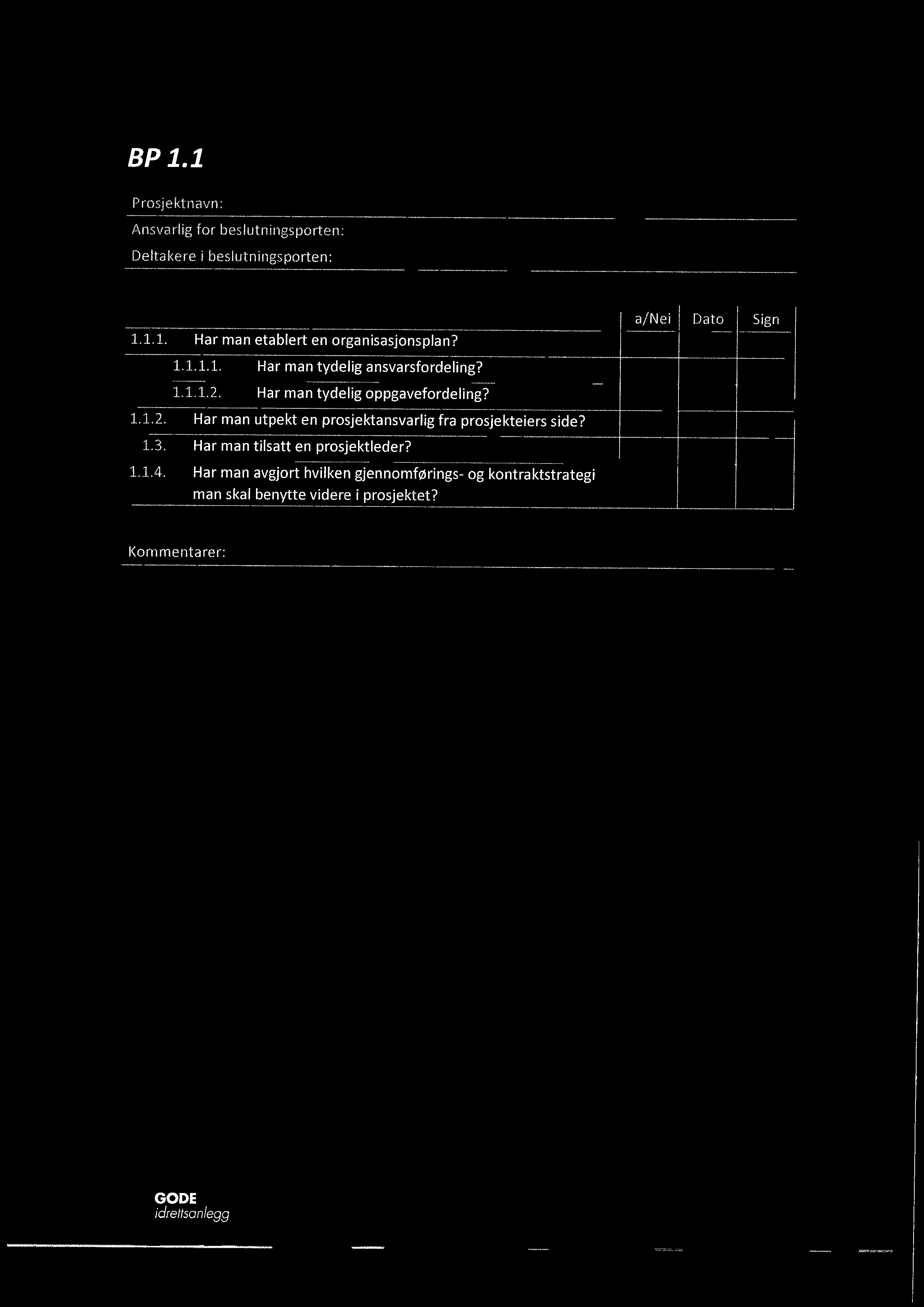 BP 1.1 1.1.1. Har man etablert en organisasjonsplan? 1.1.1.1. Har man tydelig ansvarsfordeling? 1.1.1.2. Har man tydelig oppgavefordeling? 1.1.2. Har man utpekt en prosjektansvarlig fra prosjekteiers side?