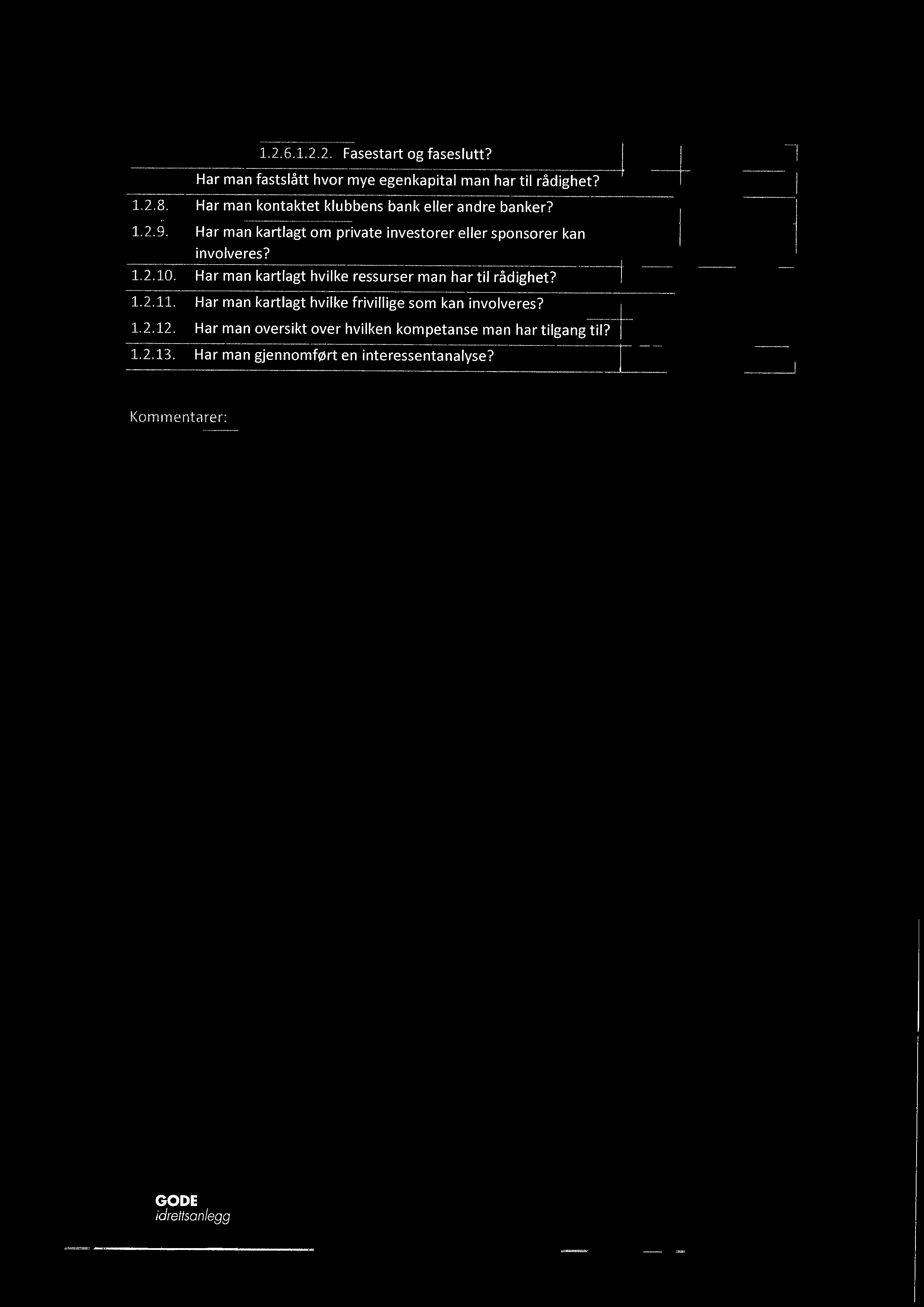 1.2.6.1.2.2. Fasestart og faseslutt? 1.2.7. Har man fastslått hvor mye egenkapital man har til rådighet? 1.2.8. Har man kontaktet klubbens bank eller andre banker?...... 1.2.9.