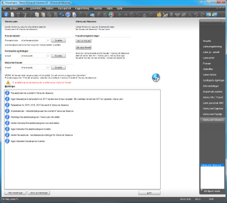 Overføring av fraværsinformasjon fra Visma Lønn til Visma.net Absence Visma Lønn har et skjermbilde for å overføre data til Visma.net Absence. Det ligger under Rutiner Registering Visma.