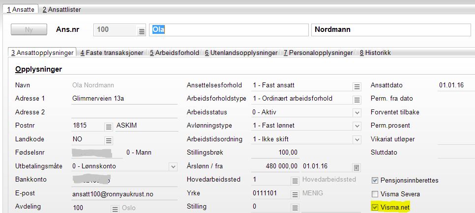 Nye ansatte 01/17 Ved oppretting av nye ansatte på selskaper hvor Sync Engine er aktivert, og den ansatte får egenskapen «Visma.