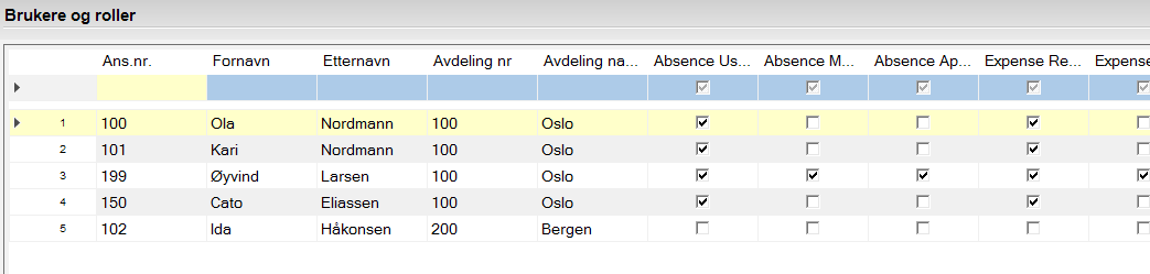 Tildelte brukerroller vil ikke vises her så lenge den ansatte ikke har logget seg på Visma.net og godkjent sin bruker i fliken «Home.» Oversikt over brukerroller i Visma.