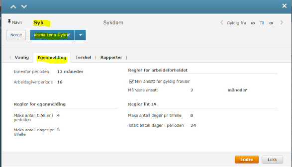 Under «Egenmelding» kan du definere de regler som gjelder for antall tilfeller, antall dager og periodebegrep.