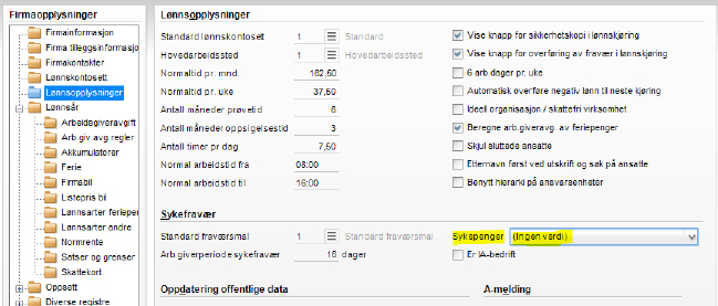 Firmaets preferanse kan også defineres i meny «Grunndata Firmaopplysninger Lønnsopplysninger i feltet «Sykepenger».