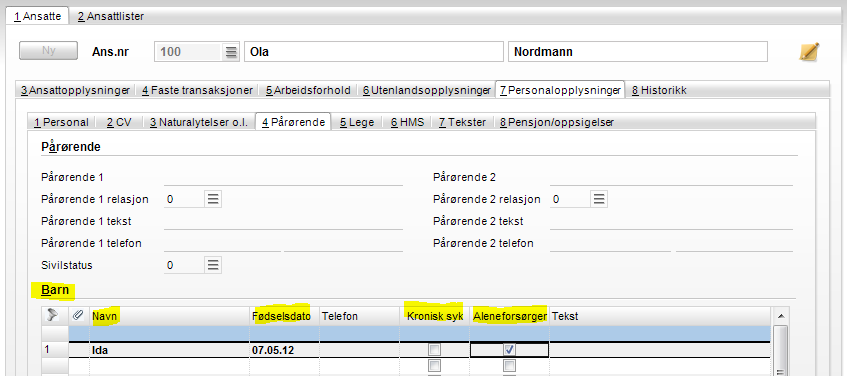 6) Registrering av barn: For å kunne benytte fraværskoden Sykt barn, må ansattes barn registreres i Visma Lønn under Ansattregister fane 7 Personal, underfane 4 Pårørende).
