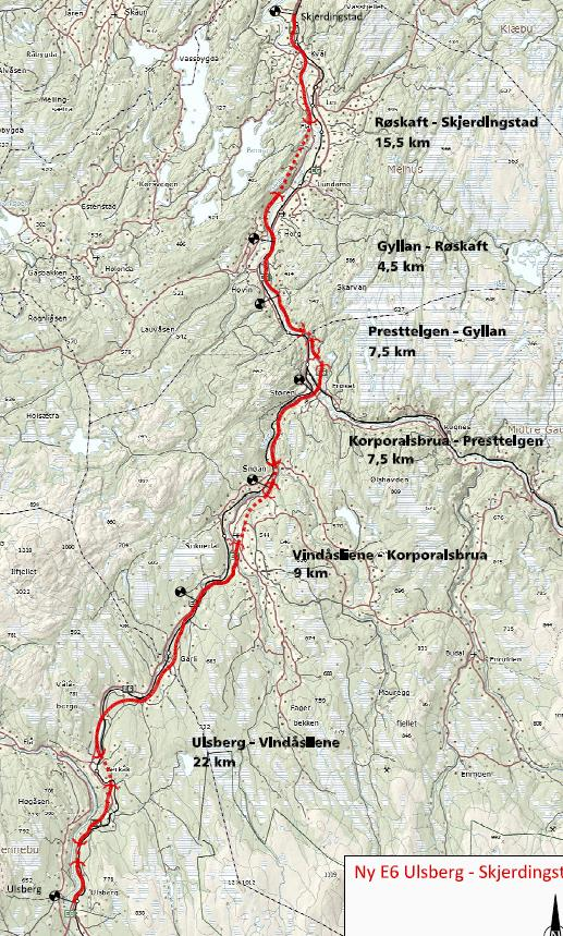 E6 Ulsberg-Melhus Reguleringsplanlegging Ulsberg Vindåsliene Korporalsbrua Prestteigen Gyllan Røskaft Røskaft Skjerdingstad Vedtak reguleringsplan innen mai 2016 Reguleringsplan/KU Prestteigen-Gyllan