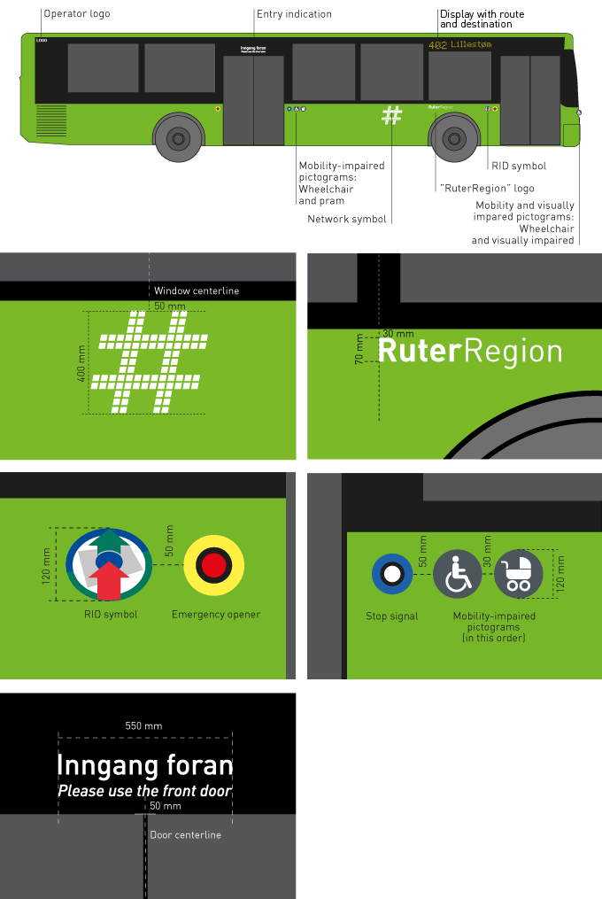 RuterRegion logo, Network symbol and entery indication is produced in filmcolor: 3M Scotchal 100