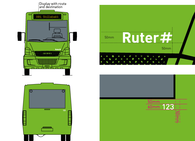 Vehicle number and Ruter logo is produced in filmcolor: