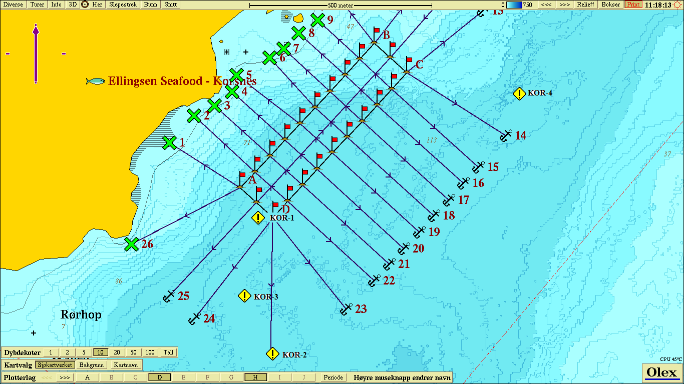 Figur 2.1.2. Strømdiagrammer for lokalitet Korsnes. A, gjennomsnittlig strøm midt i vannmassene (77 m); B, gjennomsnittlig strøm ved bunnen (127 m).
