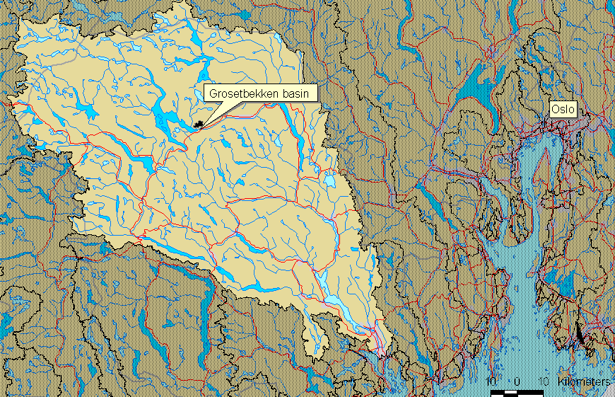 Figur 2-1: Oversiktkart som viser beliggenheten av Groset forsøksfelt i Skiensvassdraget.