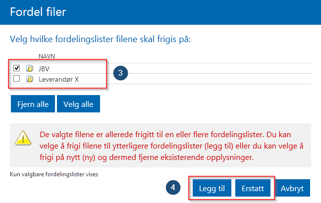 Endre fordeling av fil I Utgivelsesområdet 1. Velg den eller de filene du ønsker å gjøre en endring i fordelingen av. 2. Klikk på knappen «Fordel filer» i den høyre verktøylinjen. 3.