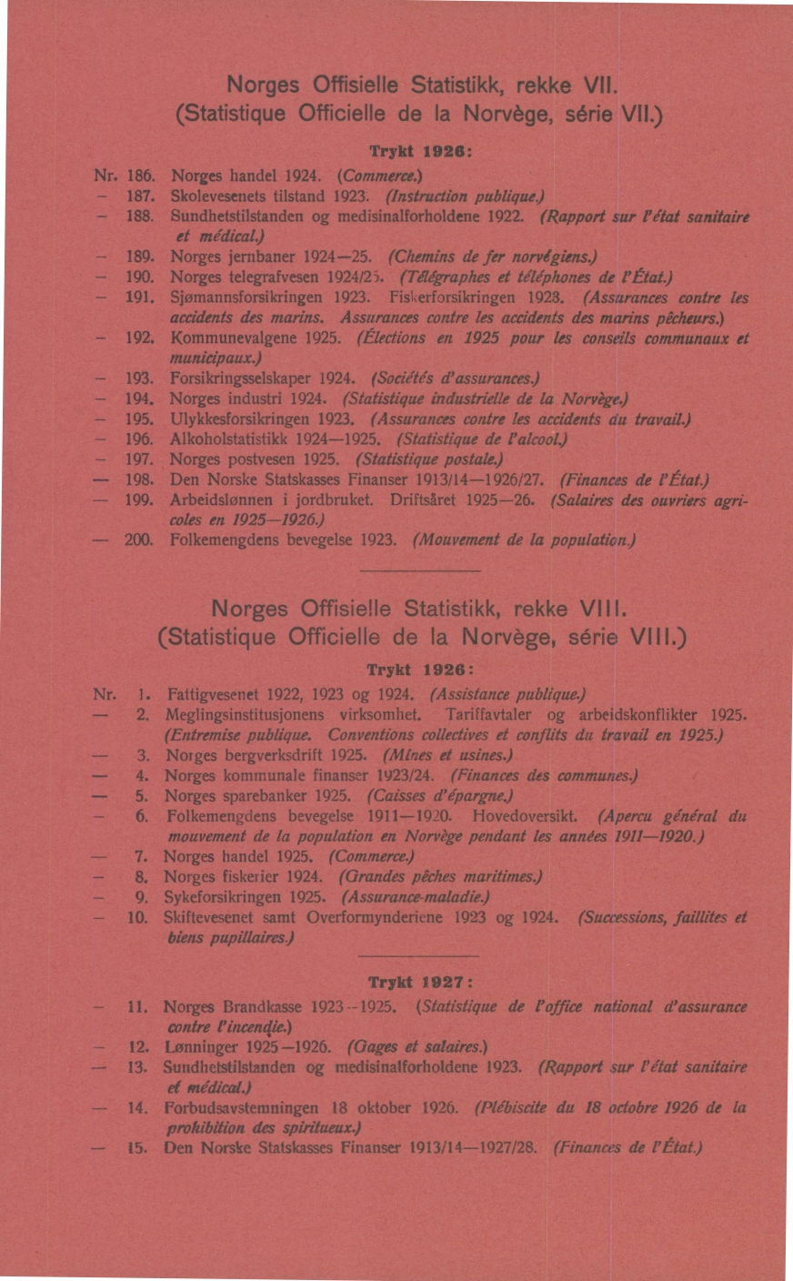 Norges Offisielle Statistikk, rekke VII. (Statistique Officielle de la Norv6ge, série VIL) Trykt 1926: Nr. 186. Norges handel 1924. (Commerce.) 187. Skolevesenets tilstand 1923.