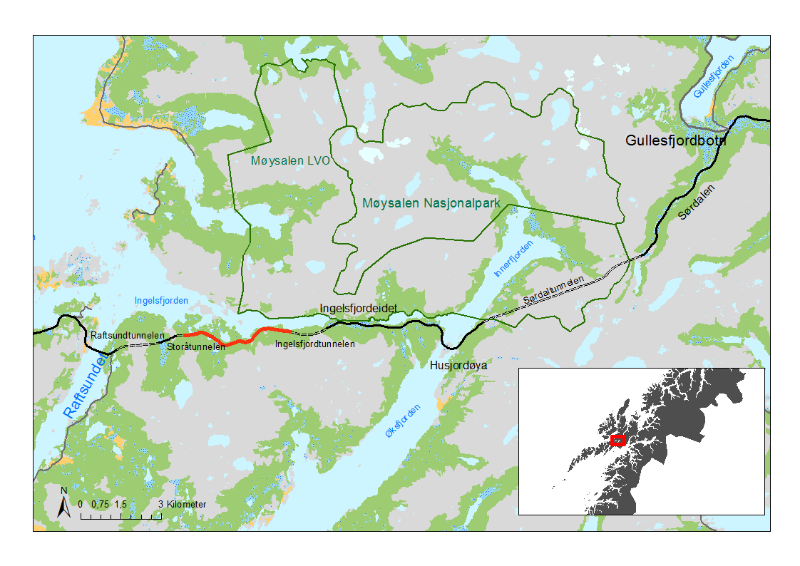 2. Områdebeskrivelse og metode 2.1 Områdebeskrivelse Vegprosjektet Lofast 2 gikk fra Raftsundet i Nordland fylke og endte i Gullesfjordbotn i Troms fylke (Figur 2).