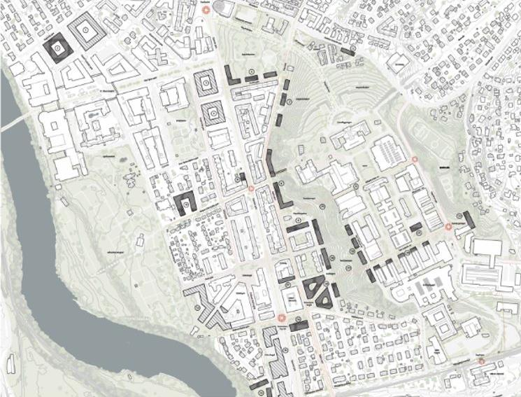 VEIEN VIDERE Beskrivelse Ved å forsterke tverraksene fra Elgeseter til Gløshaugen knytter forslaget eksisterende campus på med ny bebyggelse langs Klæbuveien og universitetsarealer videre vestover.