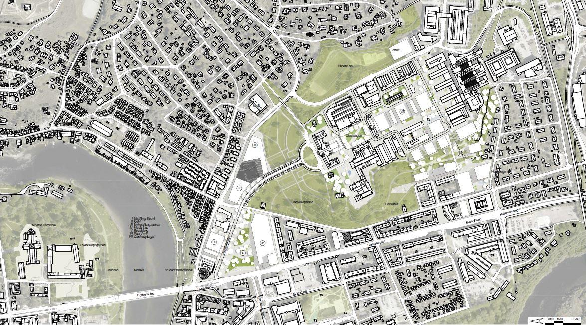 INNKJØP: UBY>TRON Forslaget får innkjøp i hovedsak for sin plassering av bygningsvolum på platået i vestskråningen. Forslaget viser også bebyggelse ved Grensen, uten at dette er gitt form.