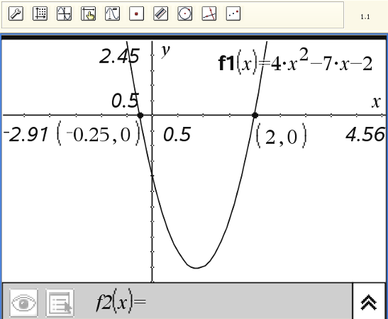 67 77 Andregradslikninger Eksempel side 69 I grafapplikasjonen På kommandolinja legger du inn funksjonsuttrykket f1(x) = 4x 2 7x 2. Tast. Grafen tegnes på grunnlag av standard ytterverdier for x og y.