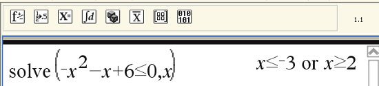 I kalkulatorapplikasjonen Klikk, velg Løs. Skriv inn ulikheten 0.8x 2 +136x 3280>2000 og,x til slutt i parentesen. -tasten gir svaret.