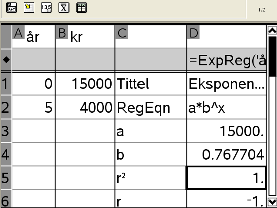 Statistikkdata for regresjonslinja får du ved å klikke Stat beregning Lineær regresjon (mx +b).