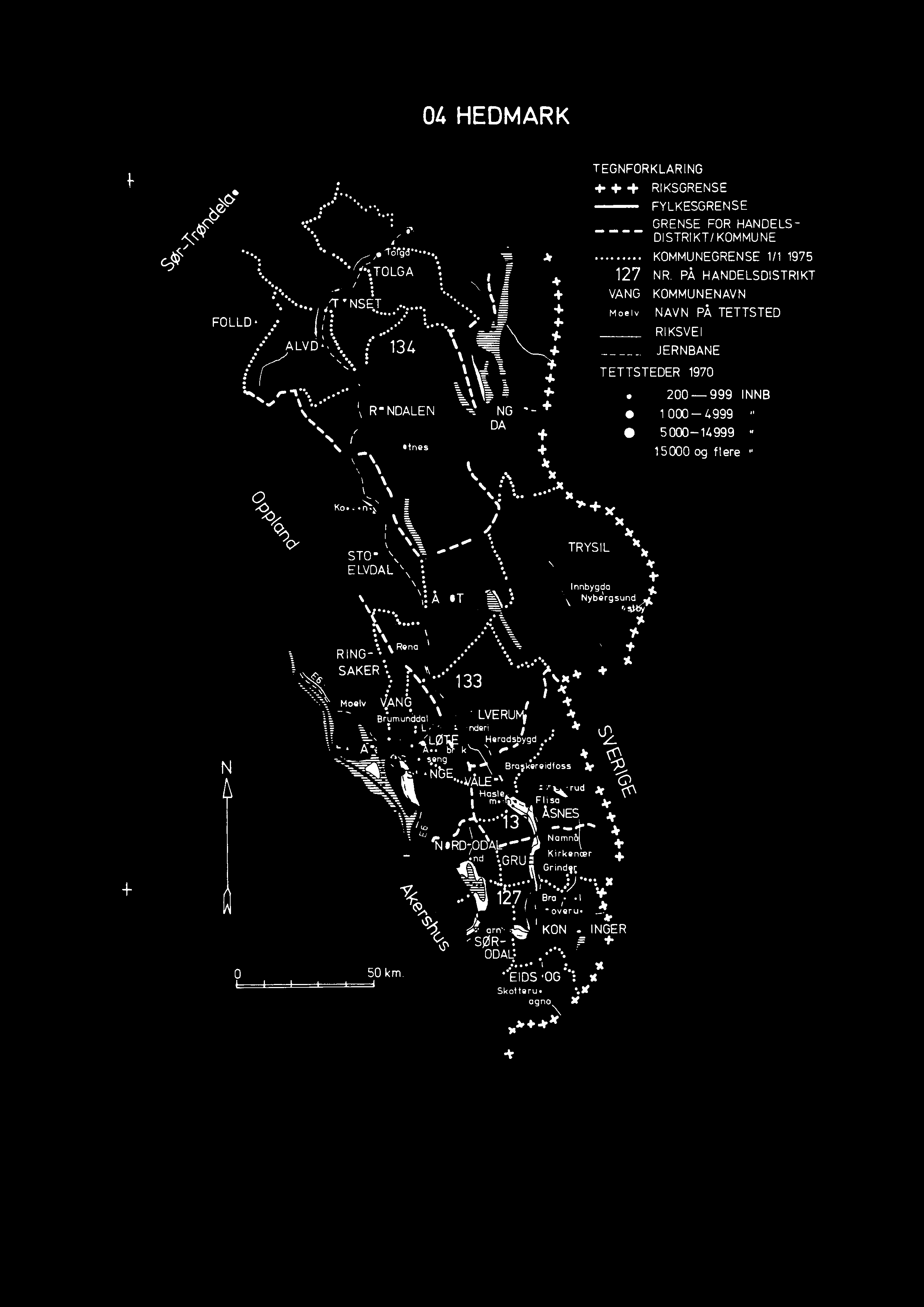 04 HEDMARK 4. TEGNFORKLARING + + + RIKSGRENSE -... FYLKESGRENSE GRENSE FOR HANDELS - DISTRIKT/KOMMUNE KOMMUNEGRENSE 1/1 1975 127 NR.