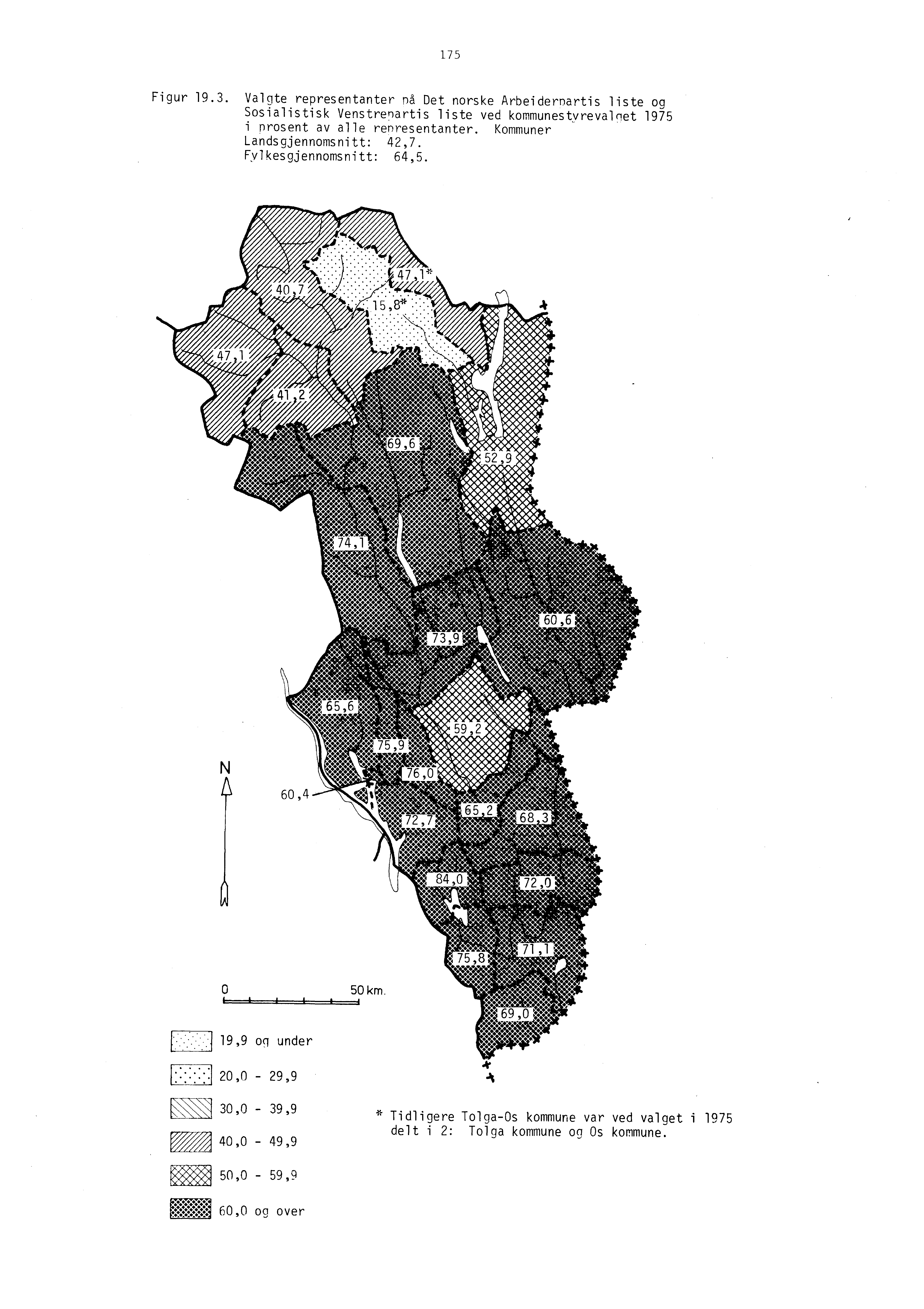 ; 175 Figur 19.3. Valgte representanter nå Det norske Arbeidernartis liste og Sosialistisk Venstrenartis liste ved kommunestyrevalnet 1975 i prosent av alle renresentanter.