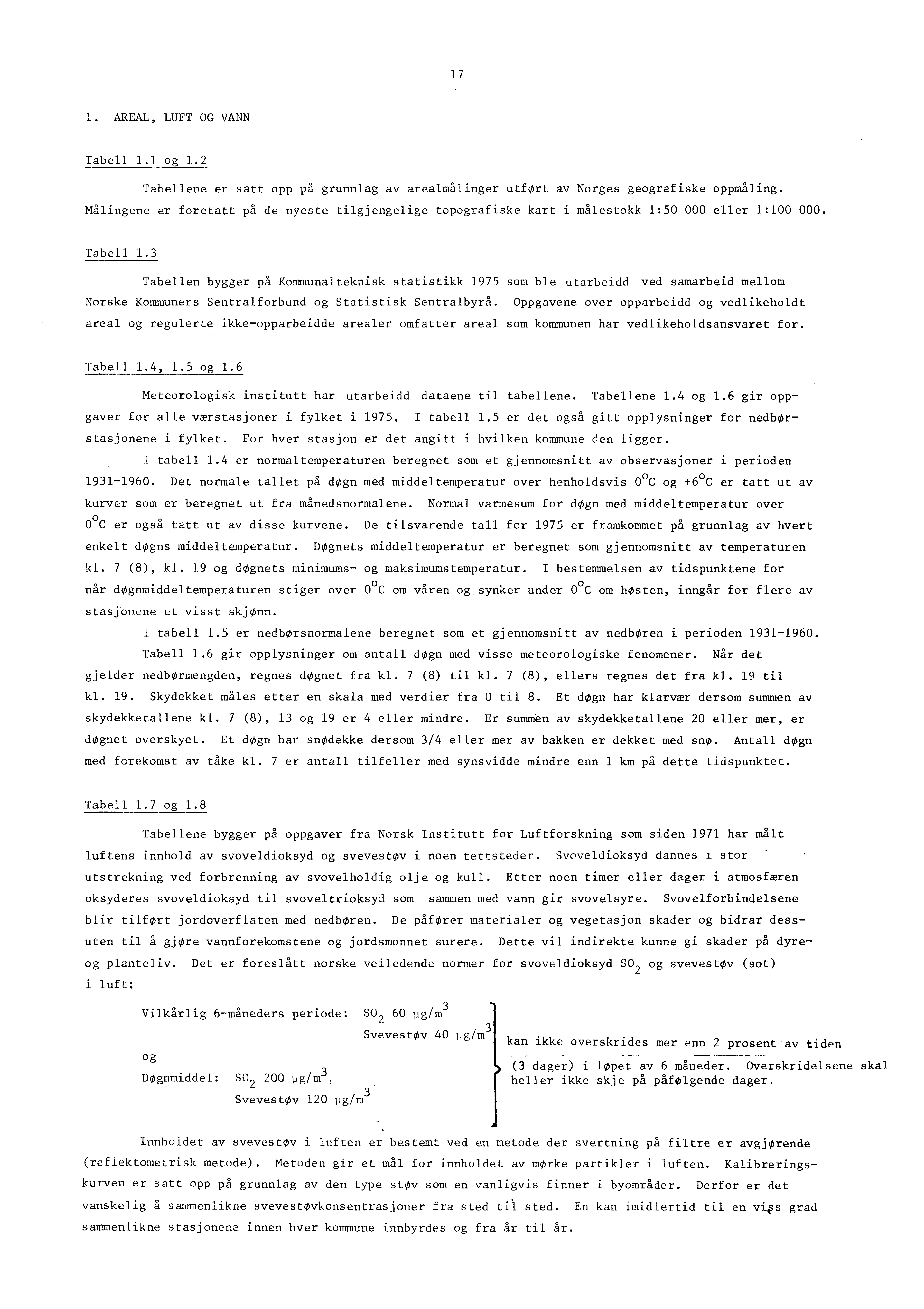 17 1. AREAL, LUFT OG VANN Tabell 1.1 og 1.2 Tabellene er satt opp på grunnlag av arealmålinger utfort av Norges geografiske oppmåling.