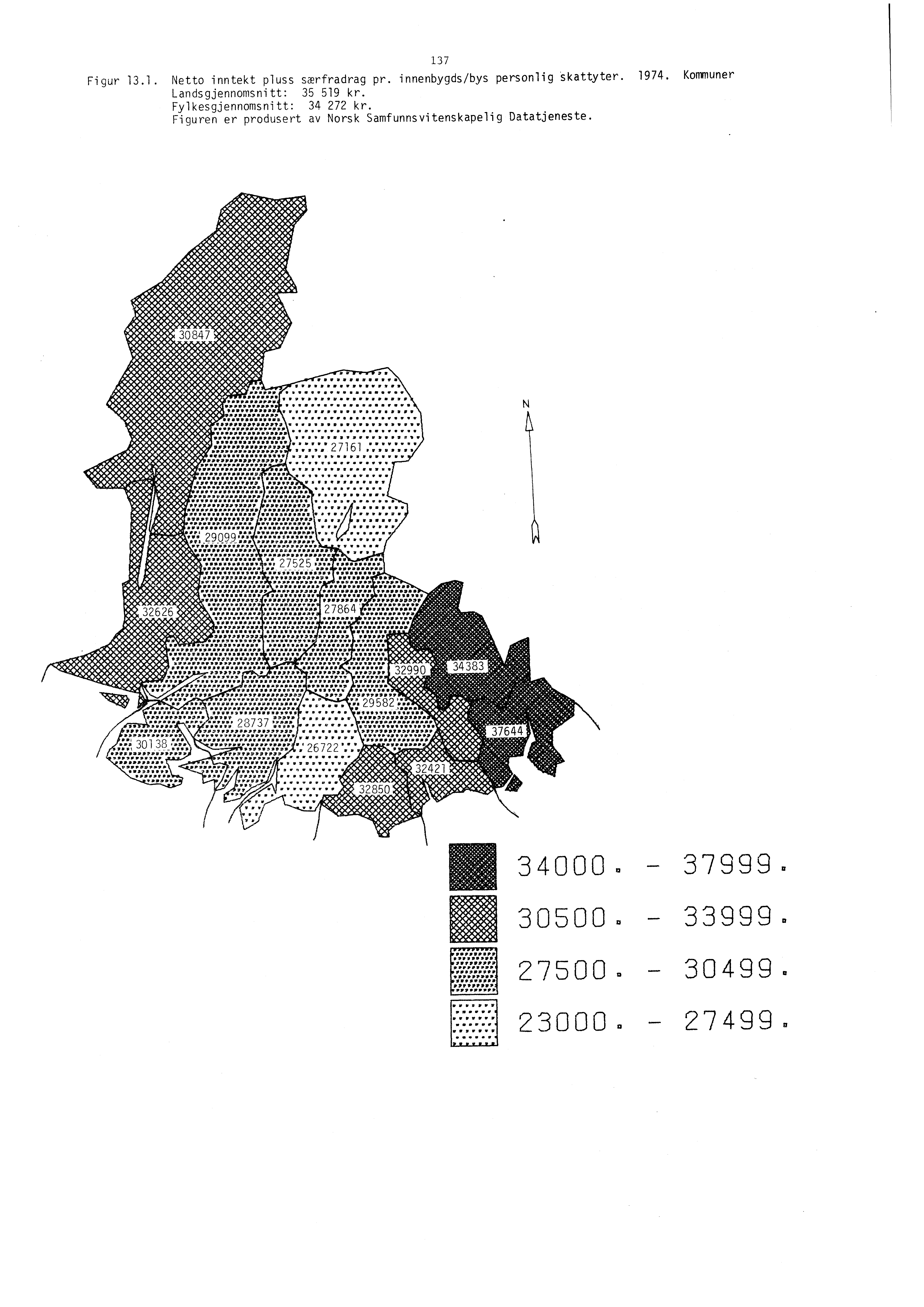 Figur 13.1. Netto inntekt pluss særfradrag pr. innenbygds/bys personlig skattyter. 1974. Kommuner Landsgjennomsnitt: 35 519 kr.