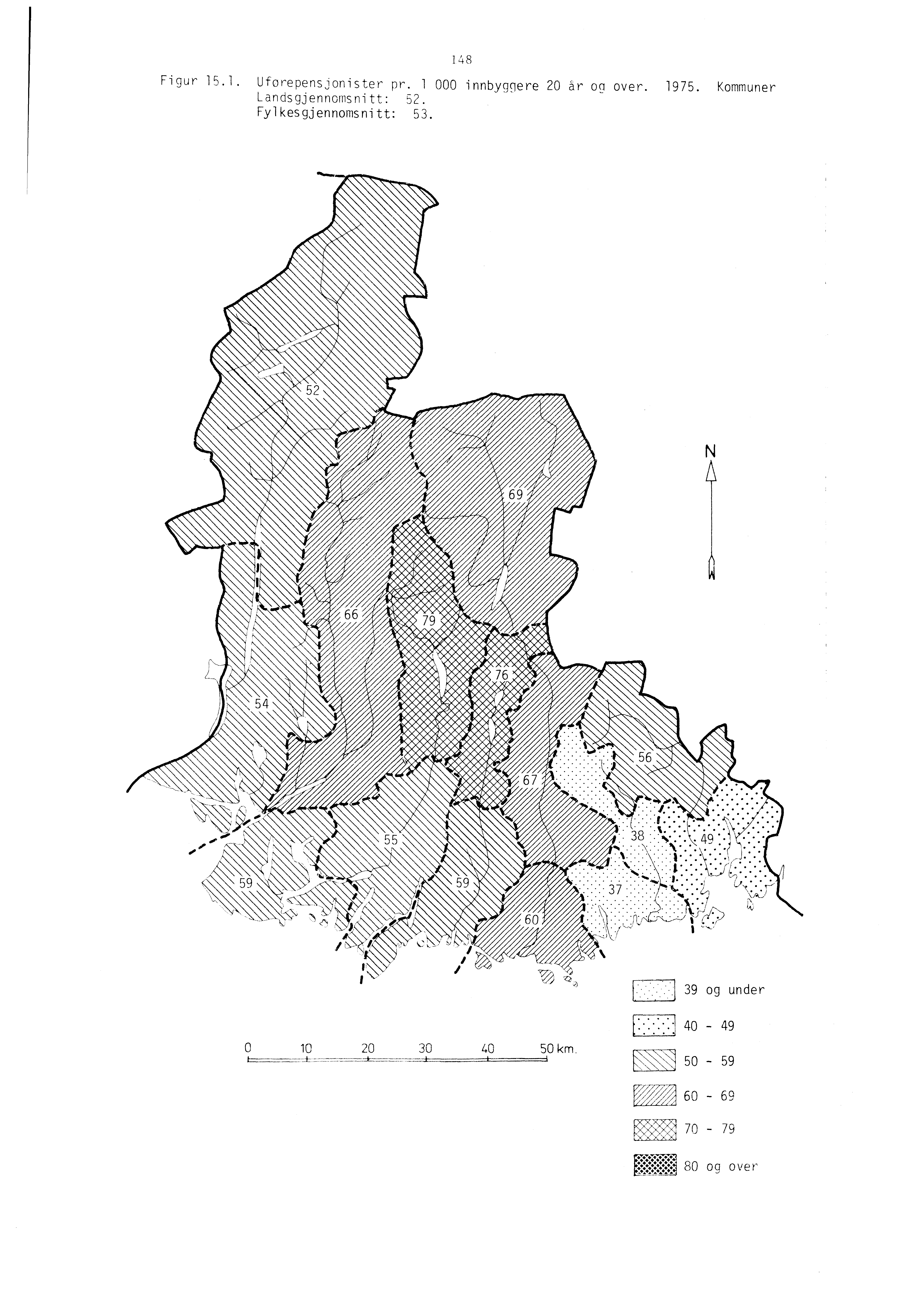 148 Figur 15.1. Uforepensjonister pr. 1 000 innbyggere 20 år og over. 1975. Kommuner Landsgjennomsnitt: 52. Fylkesgjennomsnitt: 53. s \, \\. \* \..''. 3E : 1..is..::... '',4..Q..."': ** \ \N,...:...\...1...\,...\,J.