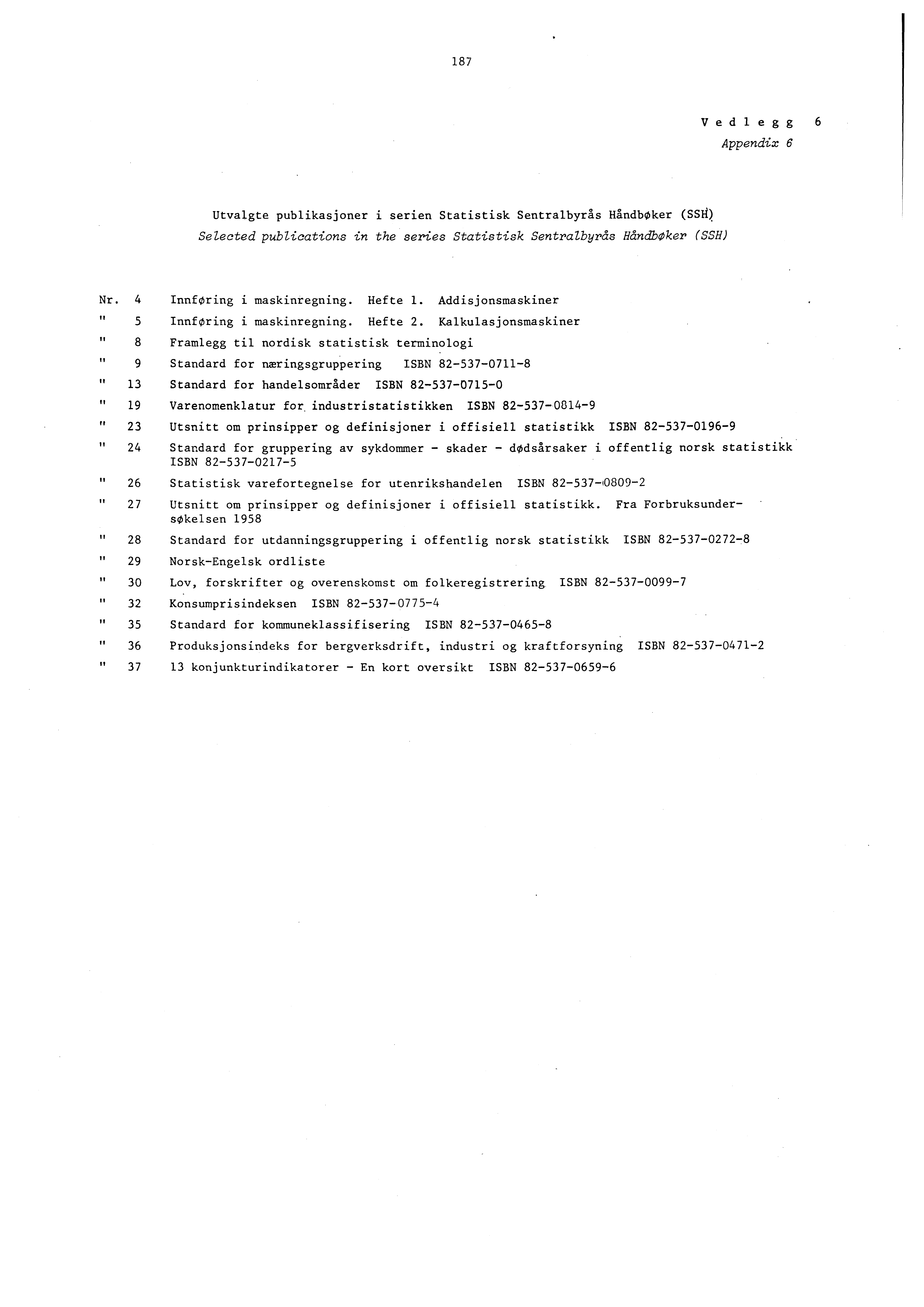 187 Vedlegg6 Appendix 6 Utvalgte publikasjoner i serien Statistisk Sentralbyrås Håndbøker (SSIO Selected publications in the series Statistisk Sentralbyrås Håndbøker (SSH) Nr.