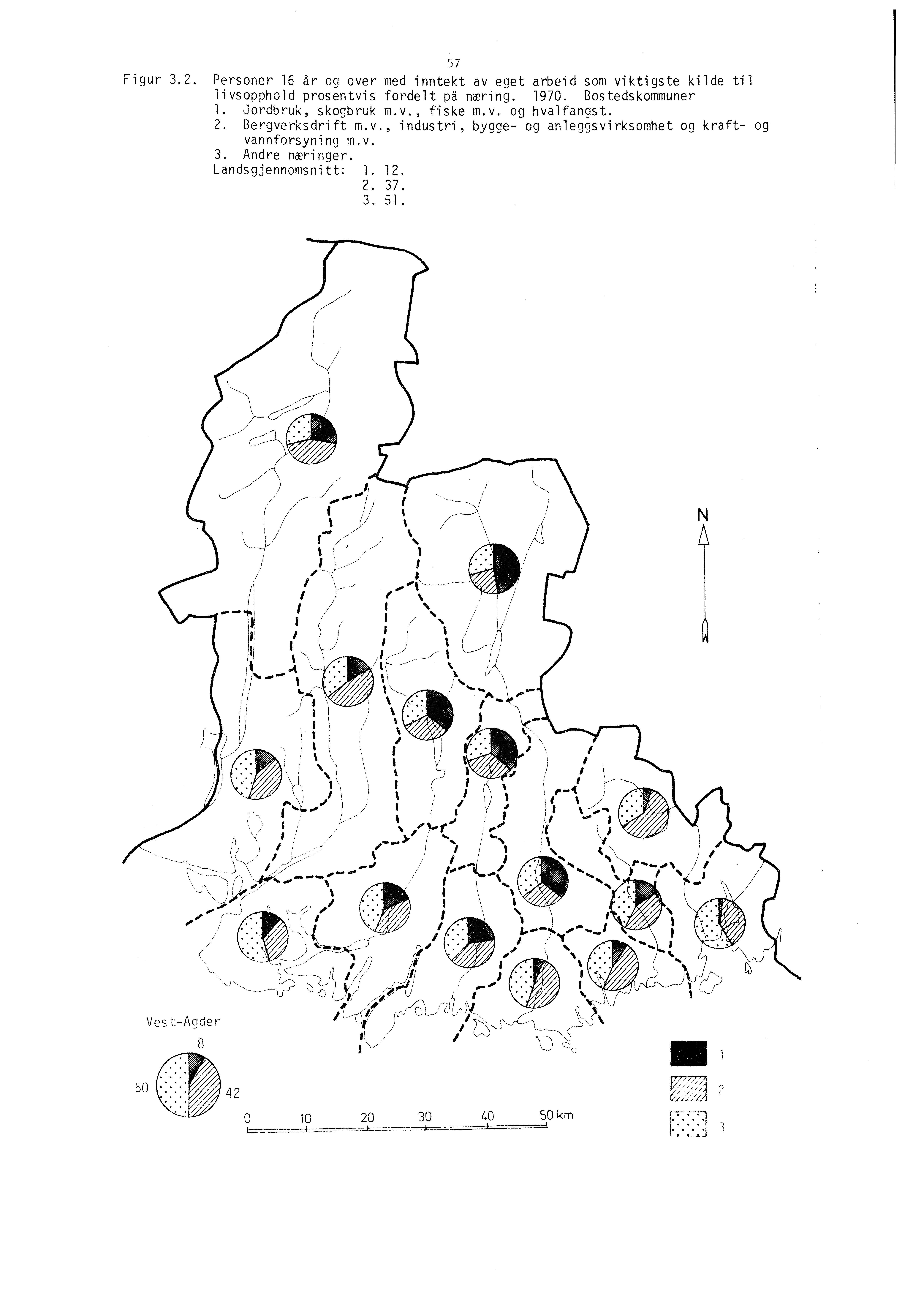 ,, I 5 7 Figur 3.2. Personer 16 år og over med inntekt av eget arbeid som viktigste kilde til livsopphold prosentvis fordelt på næring. 1970. Bostedskommuner I. Jordbruk, skogbruk m.v., fiske m.v. og hvalfangst.