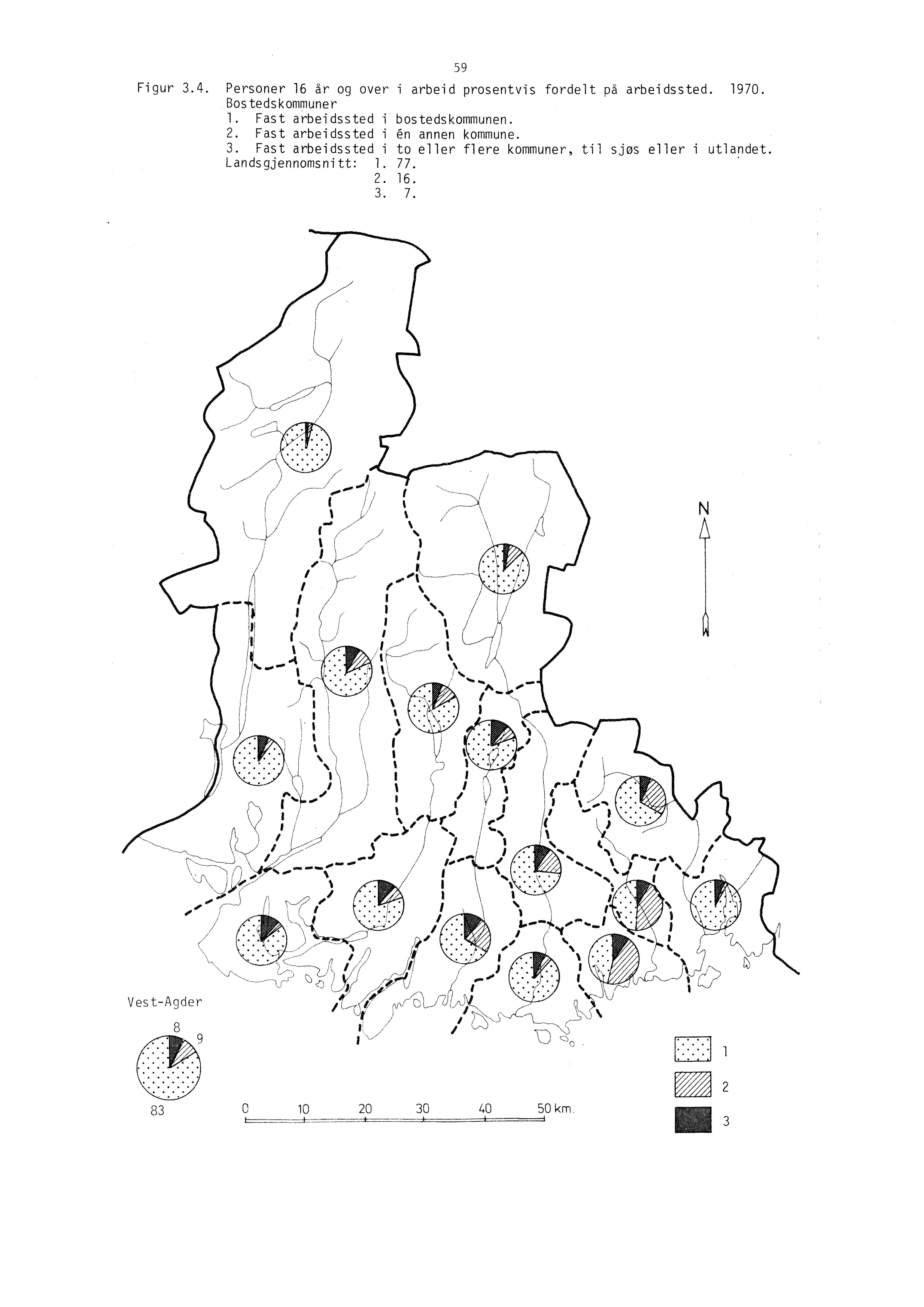 Figur 3.4. Personer 16 år og over Bostedskommuner 1. Fast arbeidssted i 2. Fast arbeidssted i 3. Fast arbeidssted i Landsgjennomsnitt: I. 2. 3. 59 i arbeid prosentvis fordelt på arbeidssted.